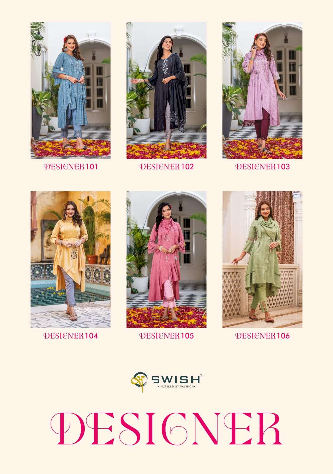swish designer 101-106 series fancy top bottom with dupatta catalogue manufacturer surat 