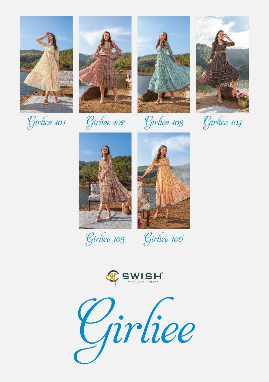 swish girliee 401-406 series fancy designer party wear gown catalogue manufacturer surat 
