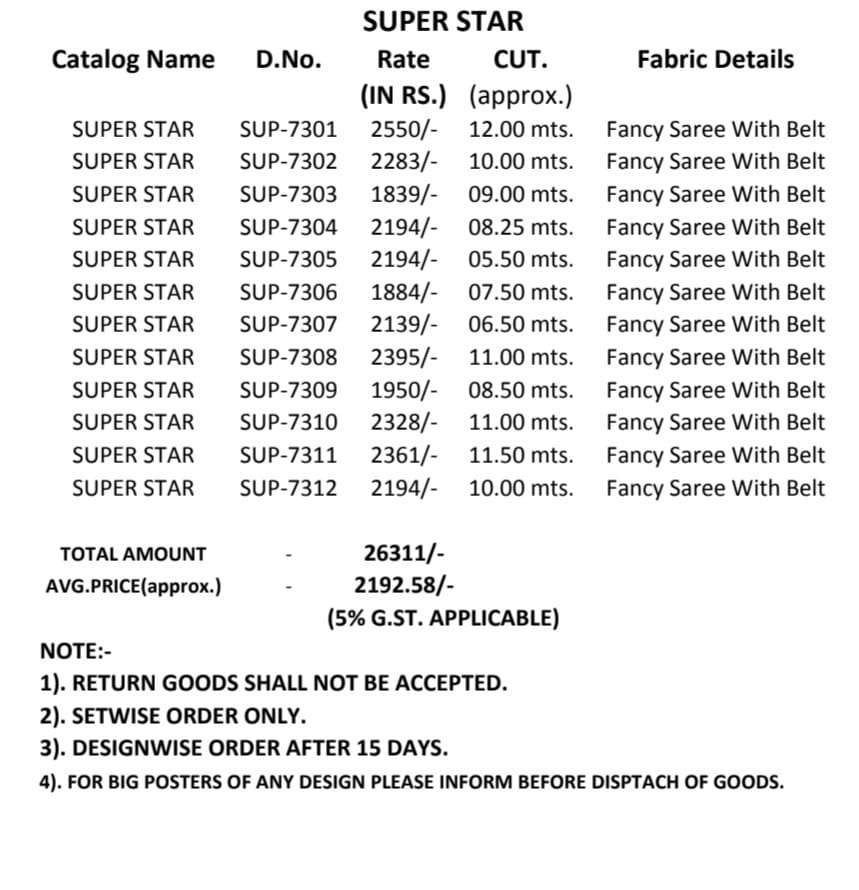 tfh super star 7301-7312 series party wear designer saree catalogue wholesaler surat