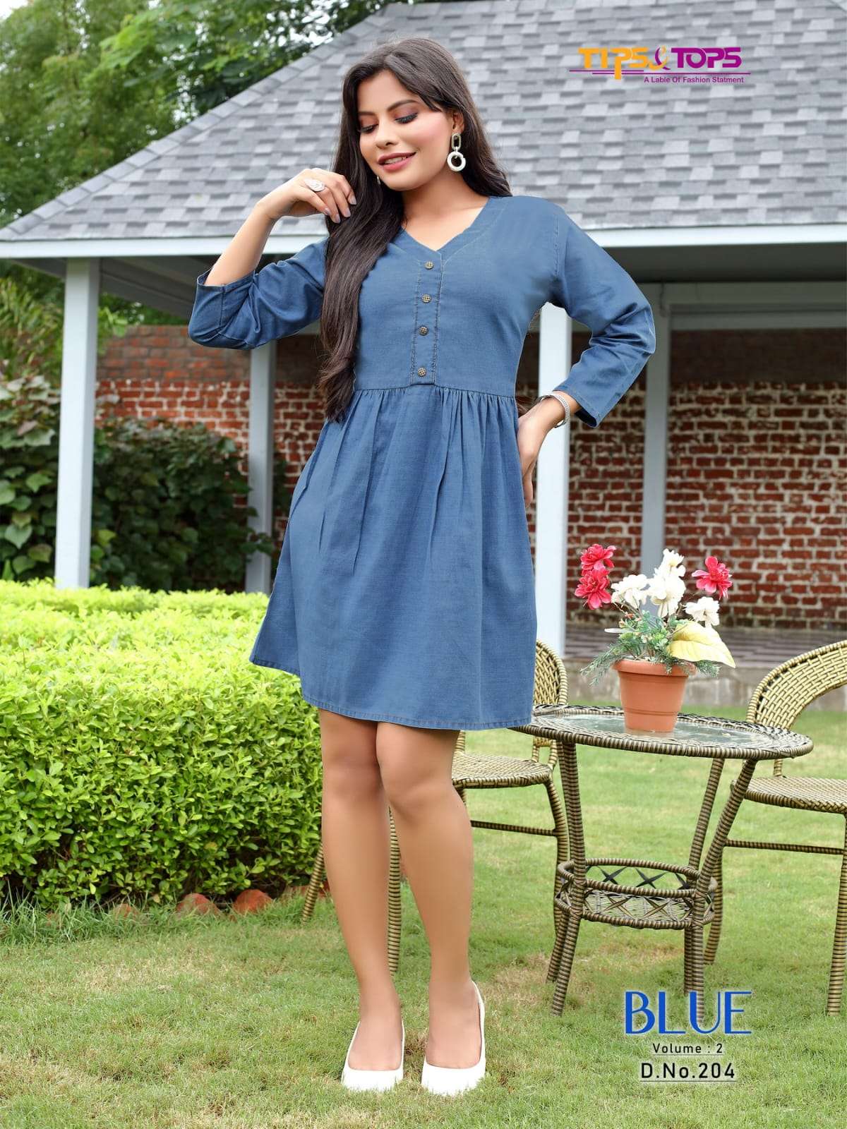 tips and tops blue vol-2 201-206 series cotton denim fancy look designer kurti collection surat 