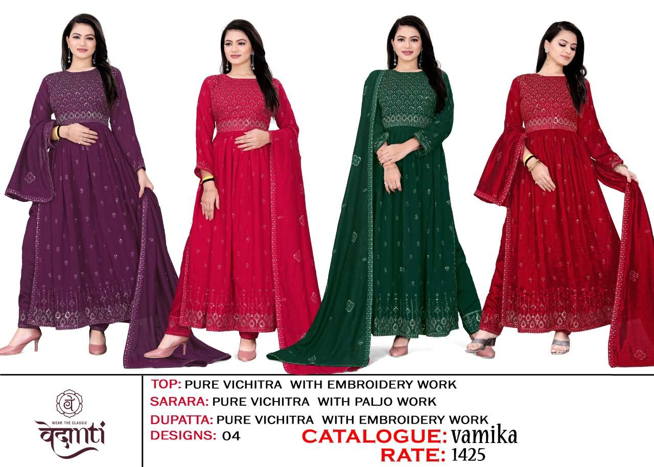 vedanti vamika 6180 series pure vichitra silk with embroidery work designer dress new catalogue 