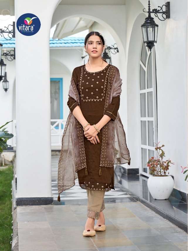 vitara fashion marigold 1001-1004 series kurti pant with dupatta catalogue manufacturer surat