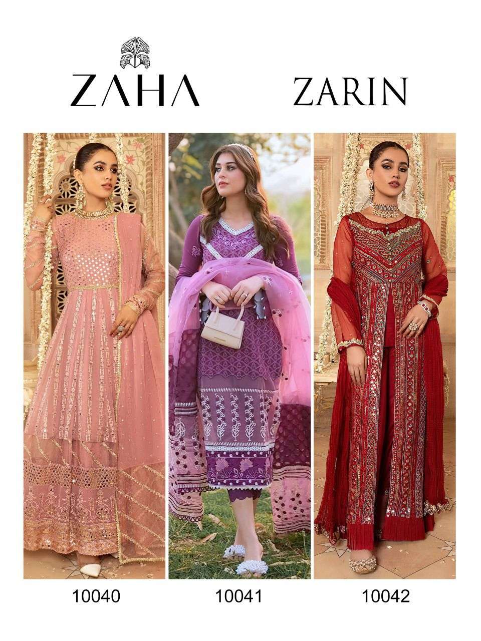zaha zarin 10040-10042 series stylish look designer pakistani salwar suits wholesaler surat 