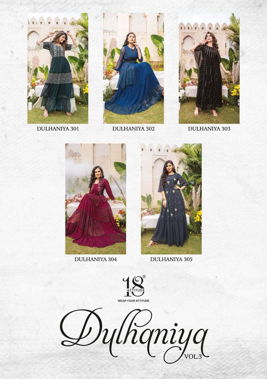 18 attitude dulhaniya vol-3 301-305 series stylish look designer kurtis catalogue wholesaler surat 