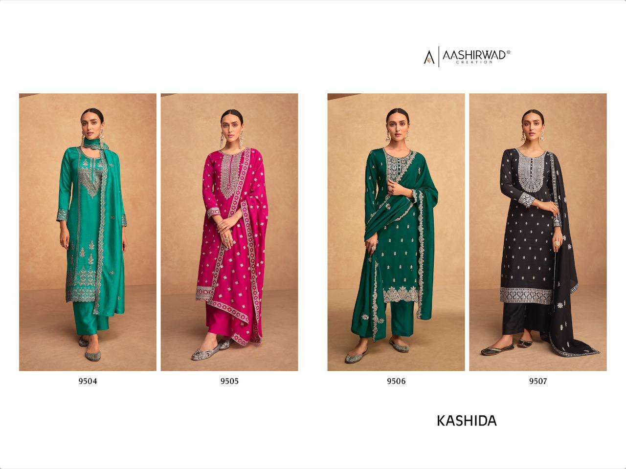 aashirwad creation kashida 9504-9507 series exclusive designer salwar suits catalogue wholesale price surat 