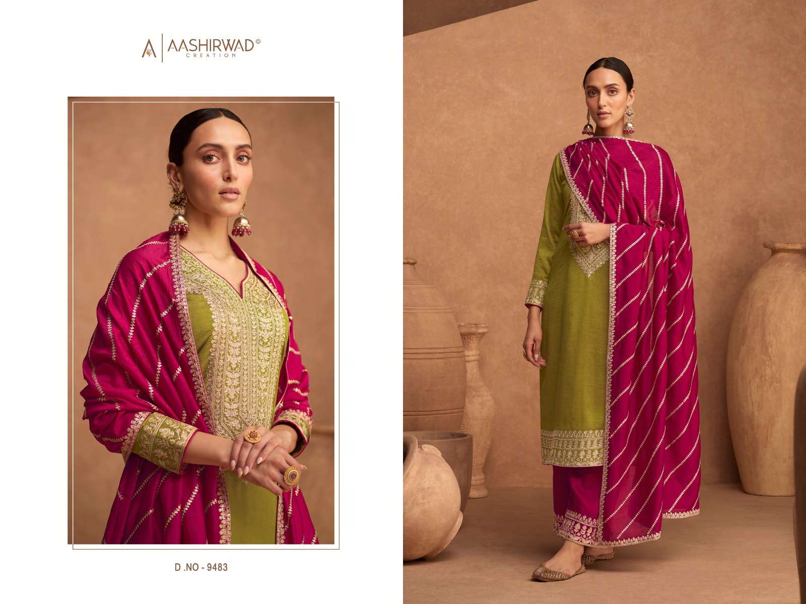 aashirwad creation kesariya 9482-9484 series premium silk designer salwar kameez catalogue online dealer surat 