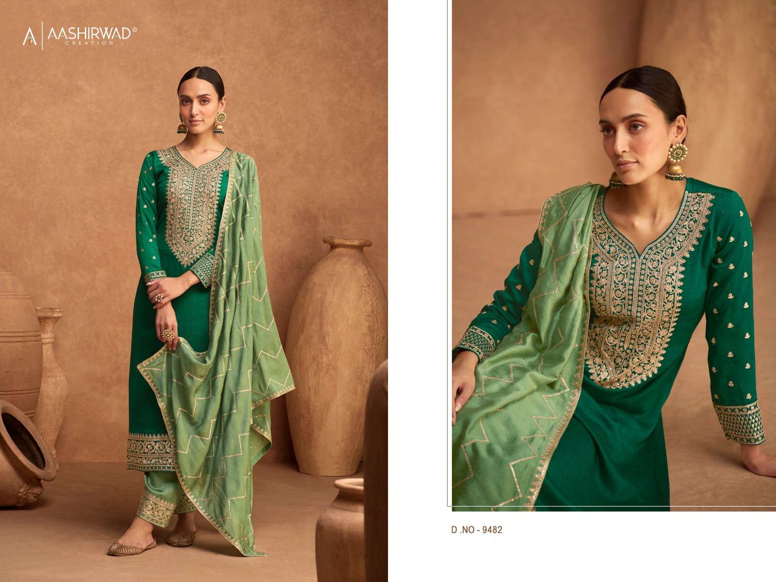 aashirwad creation kesariya 9482-9484 series premium silk designer salwar kameez catalogue online dealer surat 