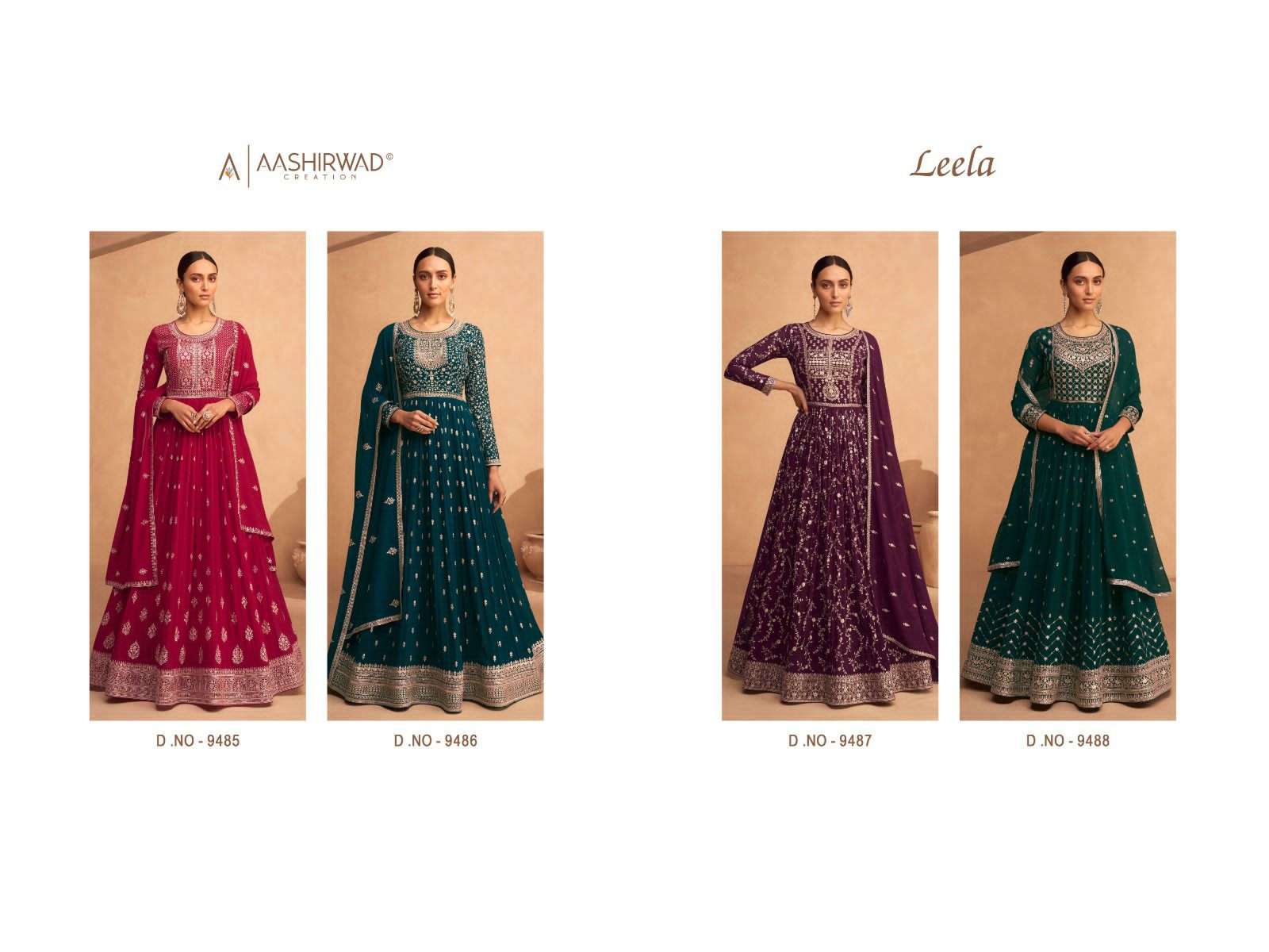 aashirwad creation leela 9485-9488 series real georgette designer party wear gown with dupatta latest catalogue 