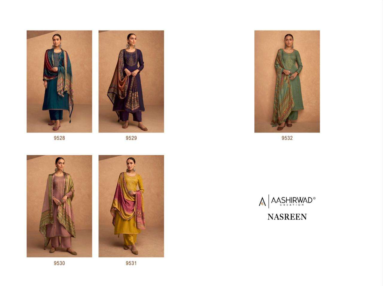 aashirwad creation nasreen 9528-9532 series stylish designer salwar kameez catalogue wholesaler surat 