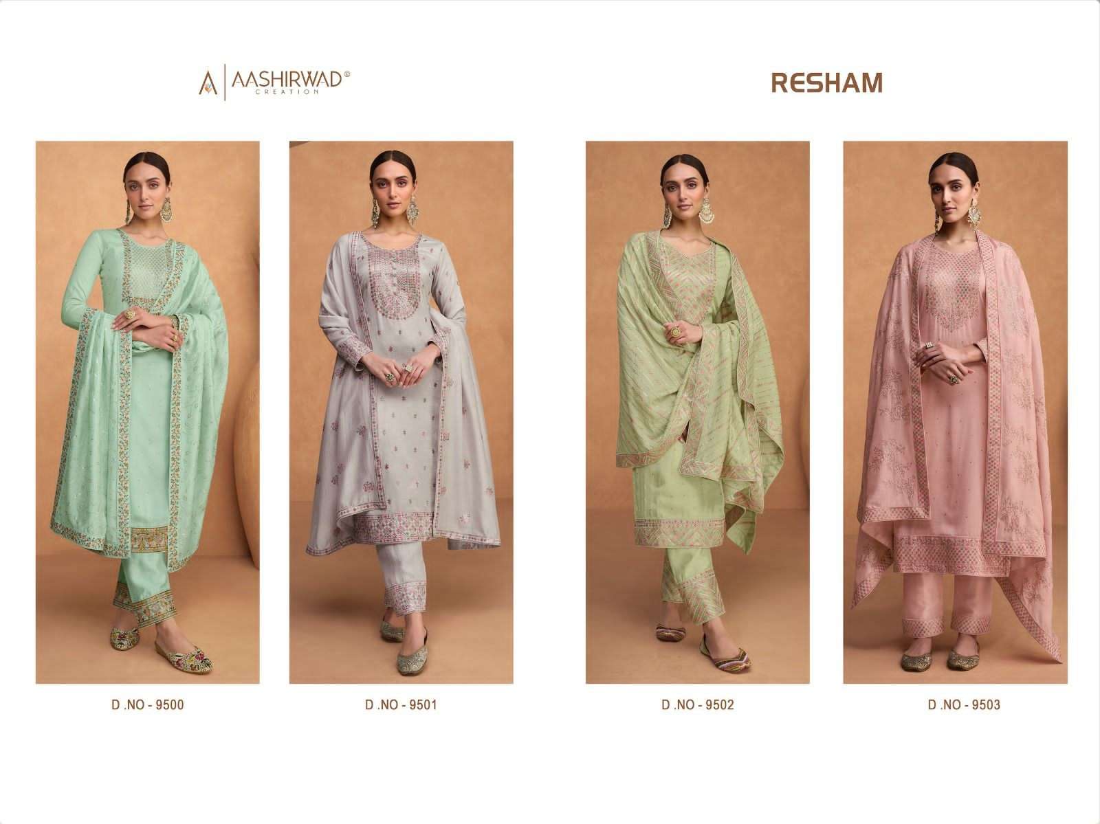 aashirwad creation resham 9500-9503 series function special designer salwar suits wholesaler surat 