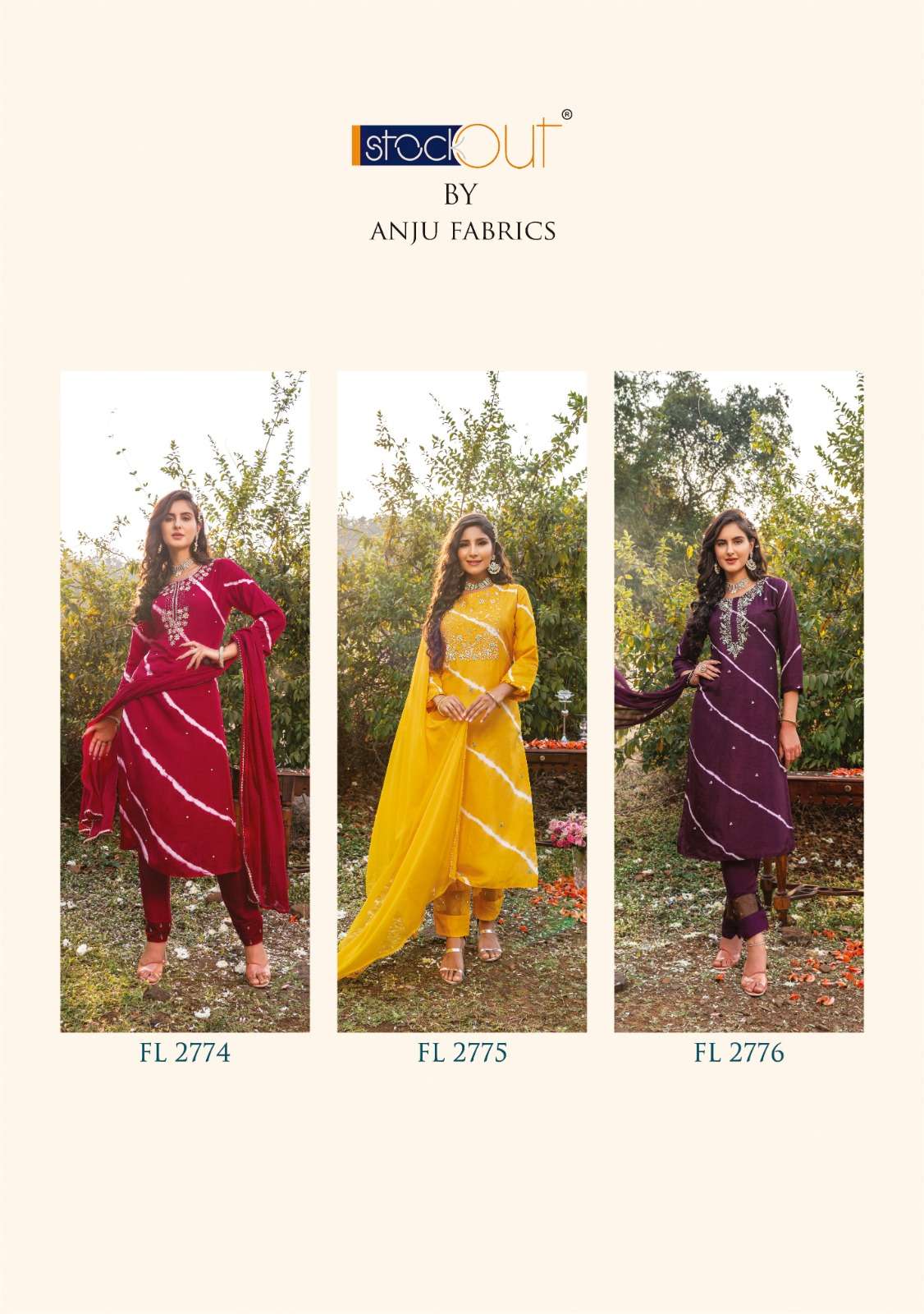 anju fabrics first light vol-2 2771-2776 series fancy designer top with bottom and dupatta catalogue exporter surat 