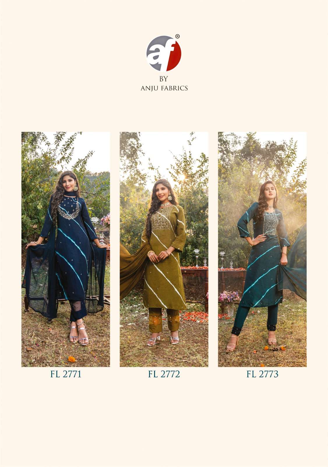 anju fabrics first light vol-2 2771-2776 series fancy designer top with bottom and dupatta catalogue exporter surat 