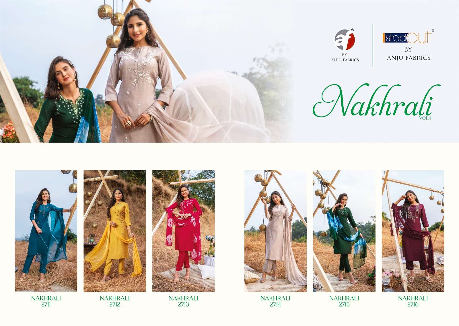 anju fabrics nakhrali vol-4 2711-2716 series exclusive designer kurti and pant dupatta manufacturer surat 