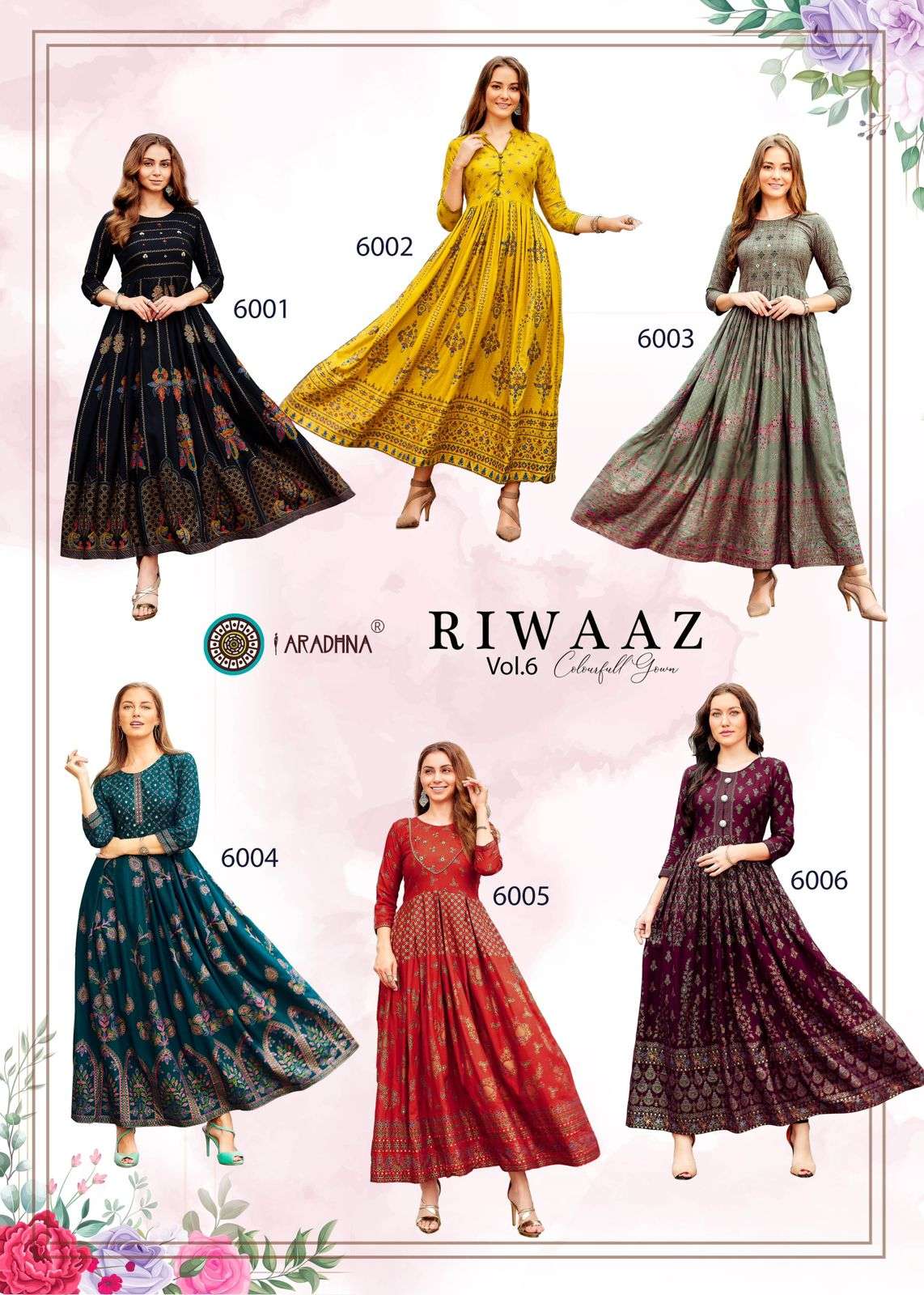 aradhna riwaaz vol-6 6001-6012 series fancy designer long kurtis catalogue online dealer surat 