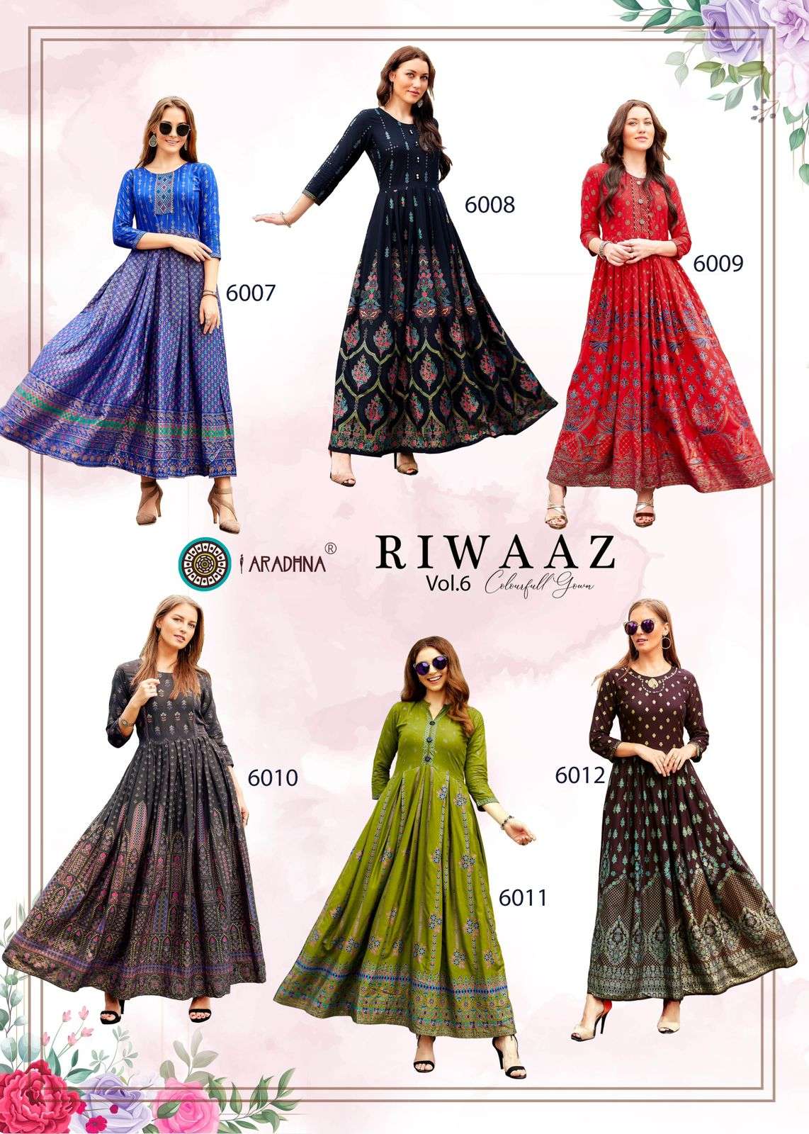 aradhna riwaaz vol-6 6001-6012 series fancy designer long kurtis catalogue online dealer surat 