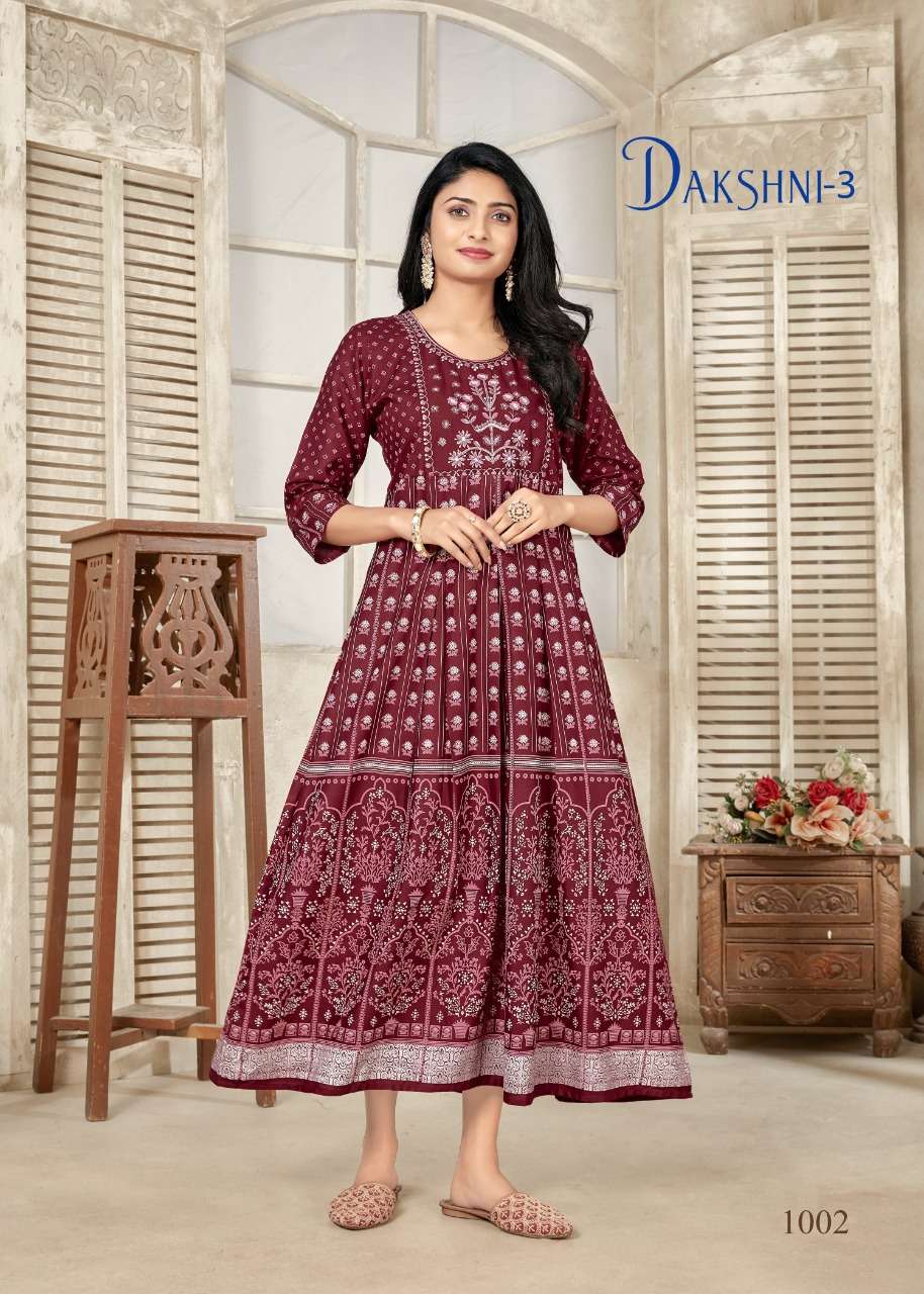 banwery dakshni vol-3 1001-1006 embroidery work with foil print flair gown design 2023 