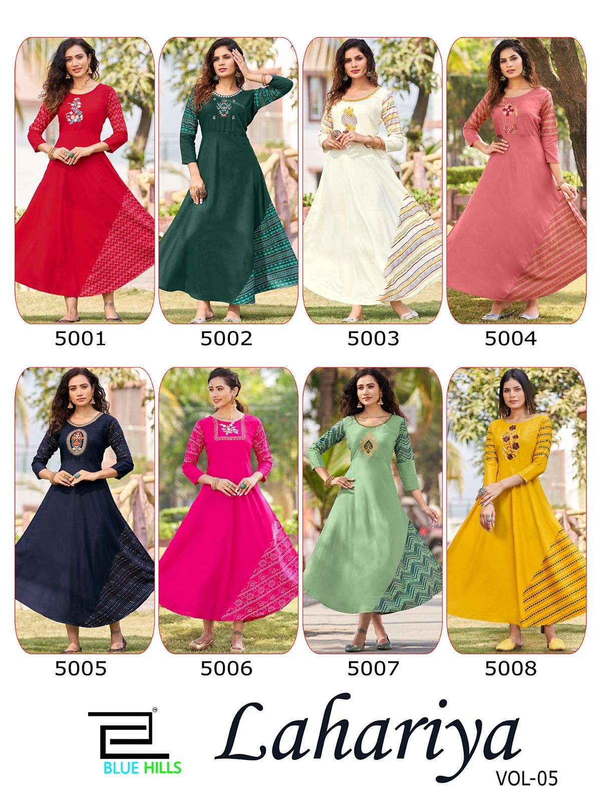bluehills lahariya vol-5 5001-5008 series trendy designer gown catalogue wholesale price surat 