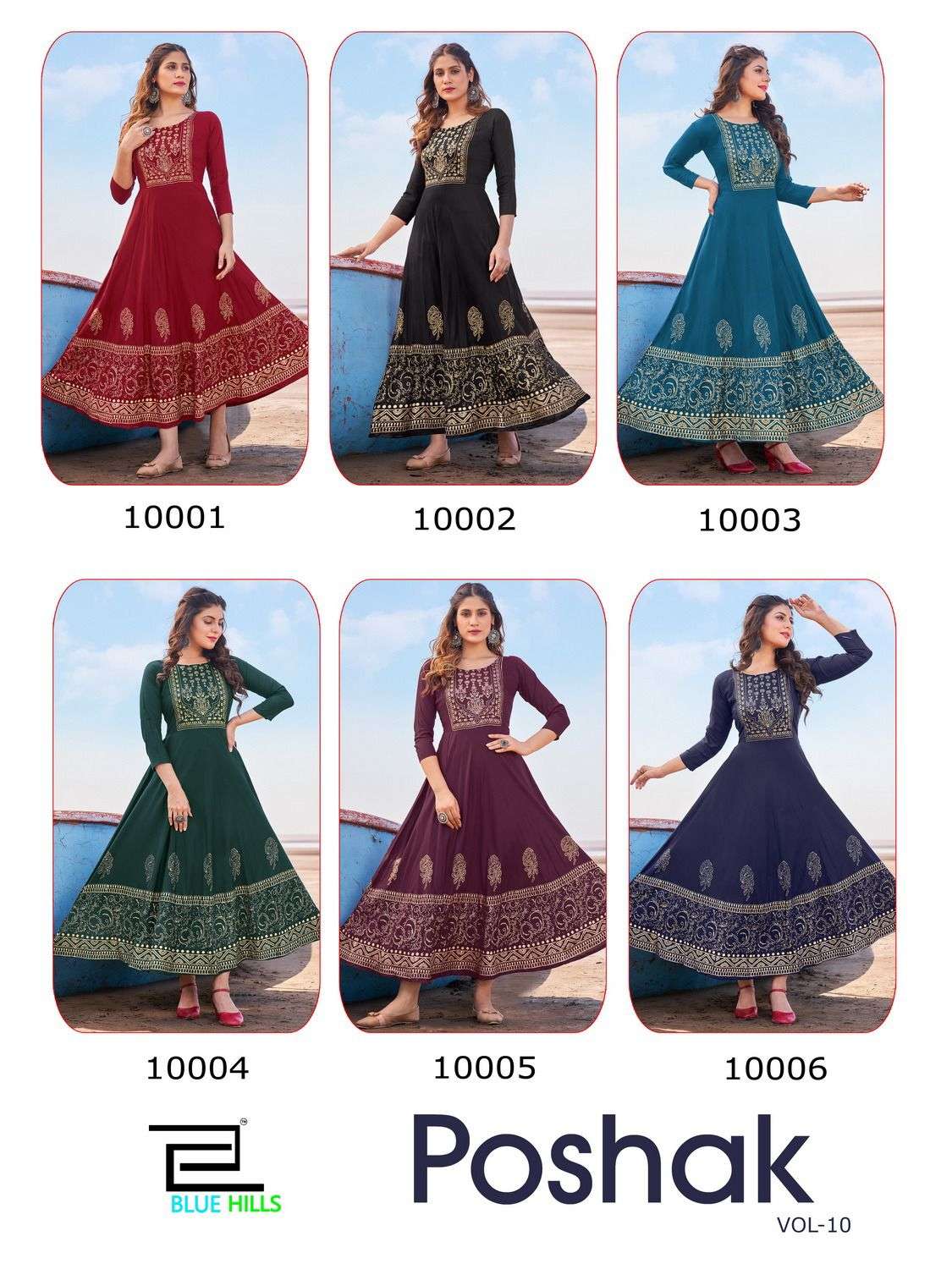 bluehills poshak vol 10 10001-10006 series stylish look designer long gown catalogue wholesale price 
