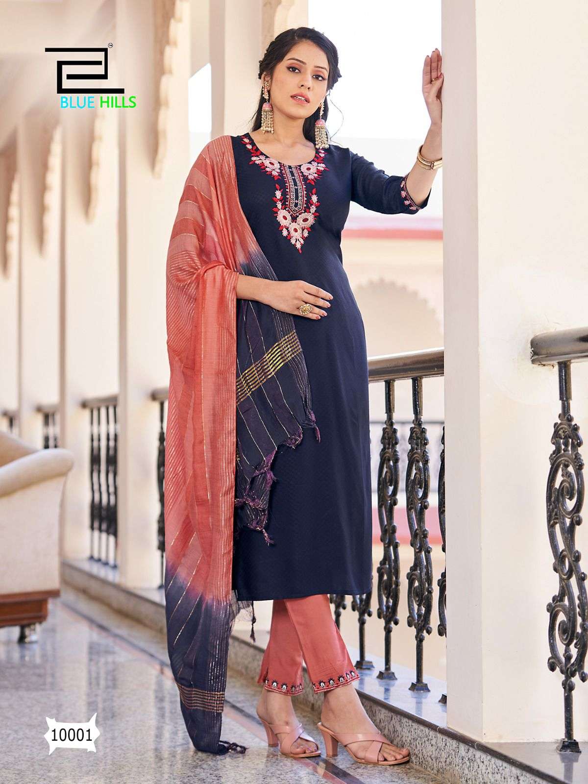 bluehills skyline vol-10 10001-10008 series viscose dobby with work top with bottom and dupatta catalogue collection surat 