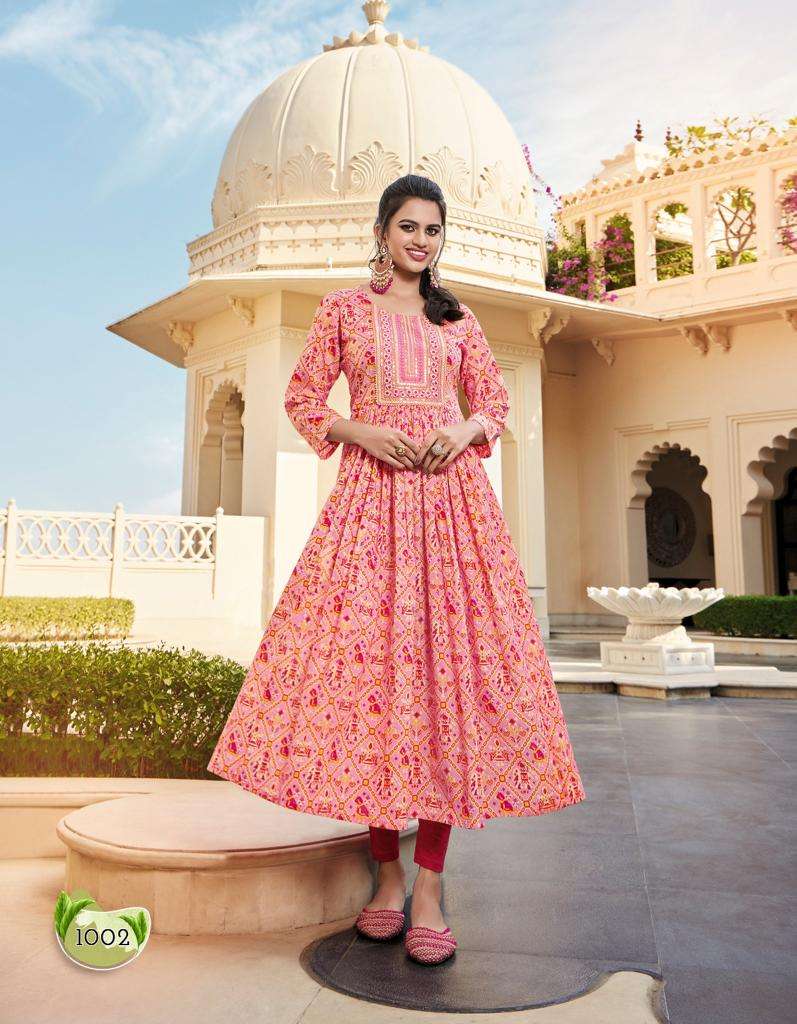 diya trends gulabi girl vol-1 1001-1006 series cotton designer nyra cut kurti gowns latest collection surat 