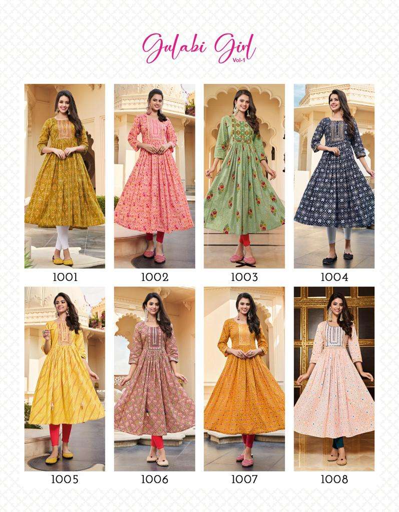 diya trends gulabi girl vol-1 1001-1006 series cotton designer nyra cut kurti gowns latest collection surat 