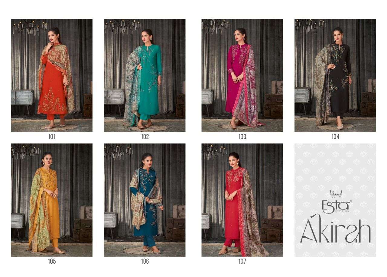 esta designs akirah 101-107 series trendy designer salwar kameez catalogue exporter surat 