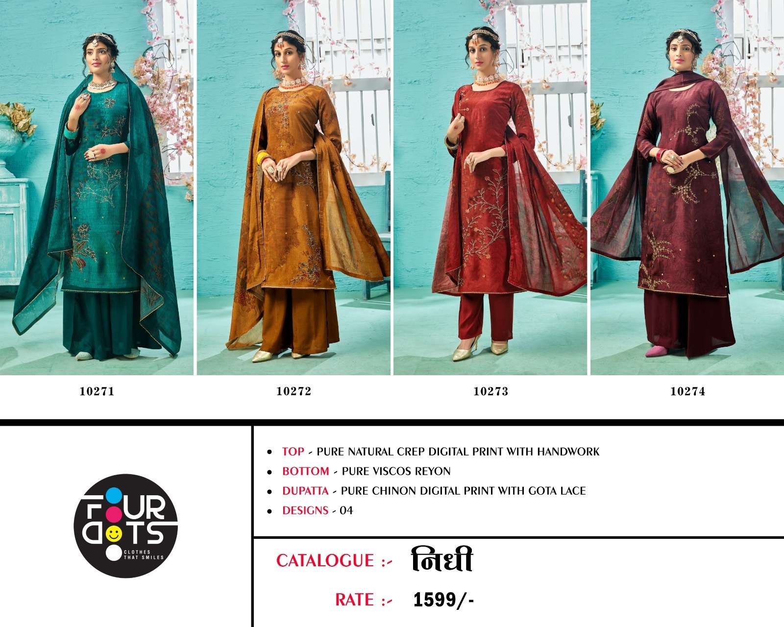 four dots nidhi 10271-10274 series fancy designer salwar kameez catalogue manufacturer surat 