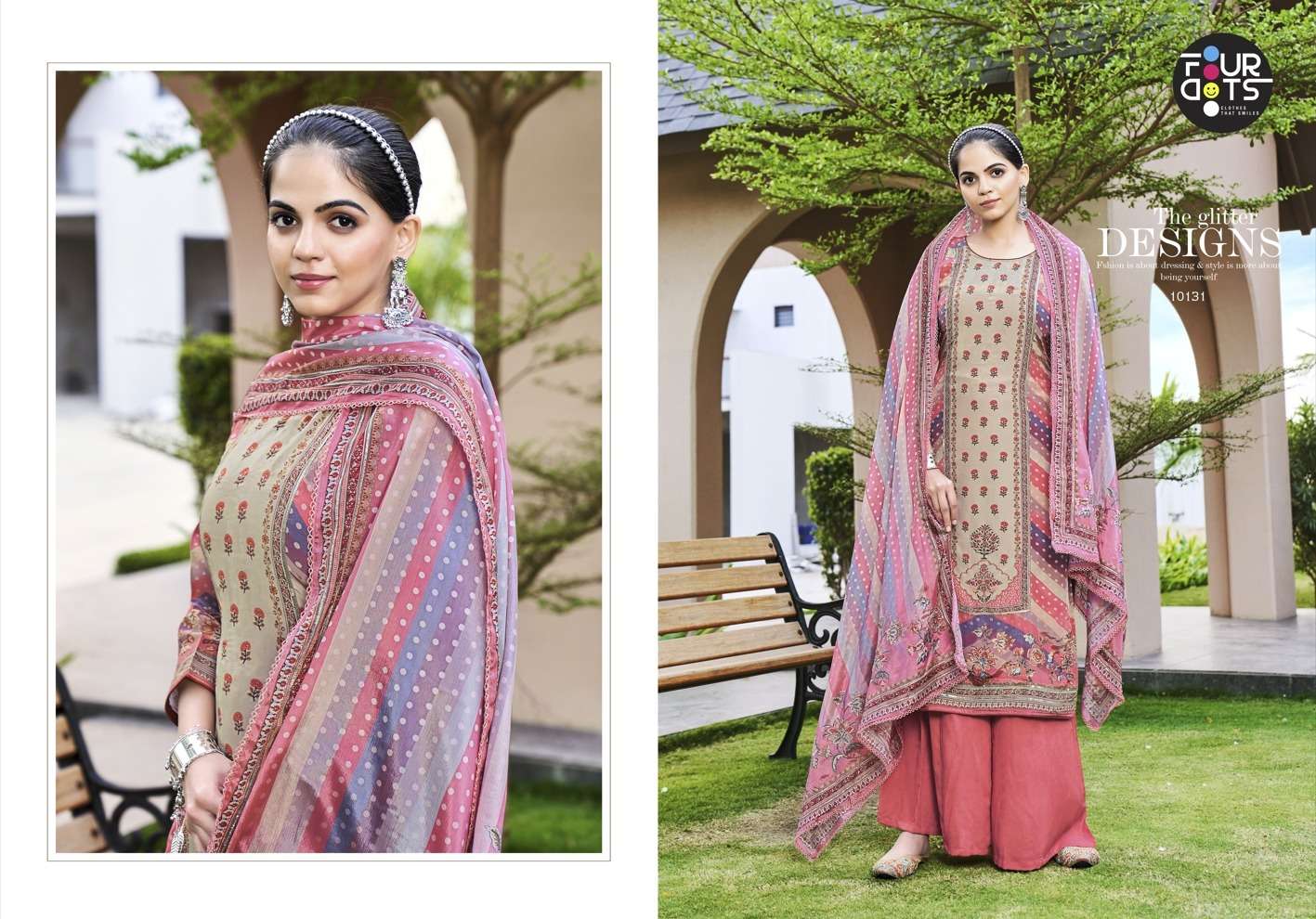 four dots shivangi 10131-10134 series pure natural crepe designer salwar suits catalogue online supplier surat 