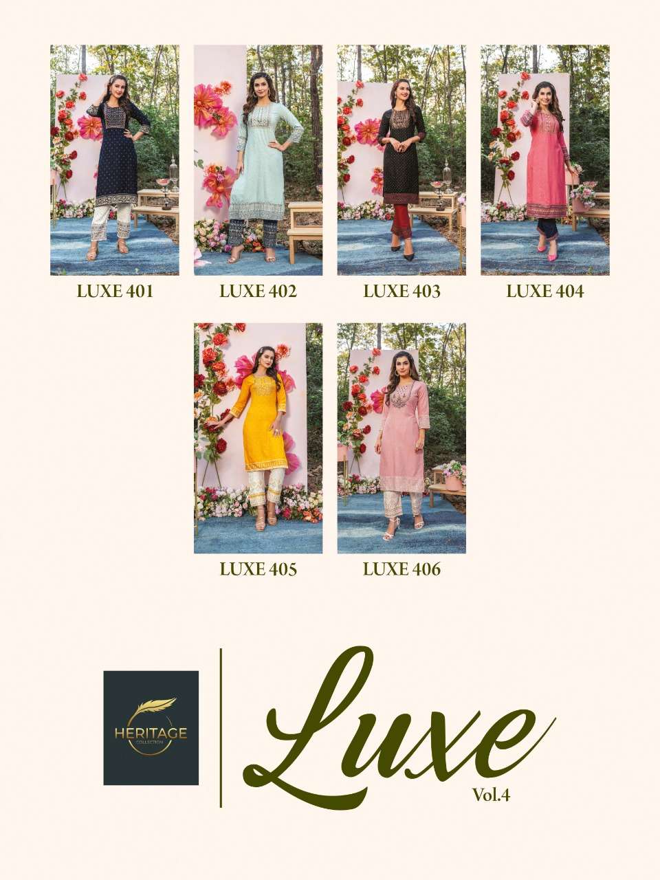 heritage collection luxe vol-4 401-406 series fancy designer kurtis catalogue online supplier surat 