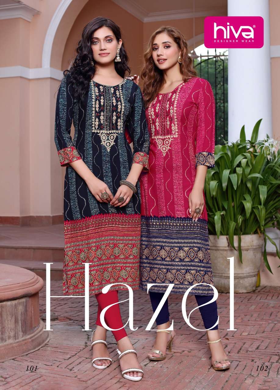hiva hazel 101-106 series premium rayon designer kurtis catalogue wholesale price surat 
