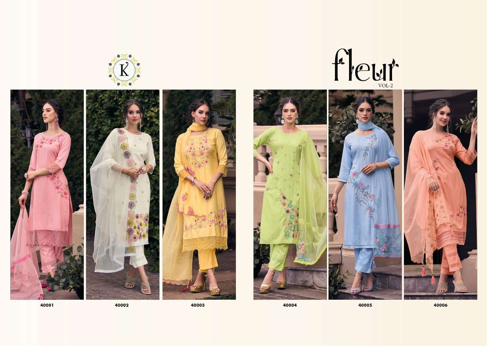 kailee fashion fleur vol-2 40001-40006 series designer fancy work top bottom with dupatta catalogue exporter surat 