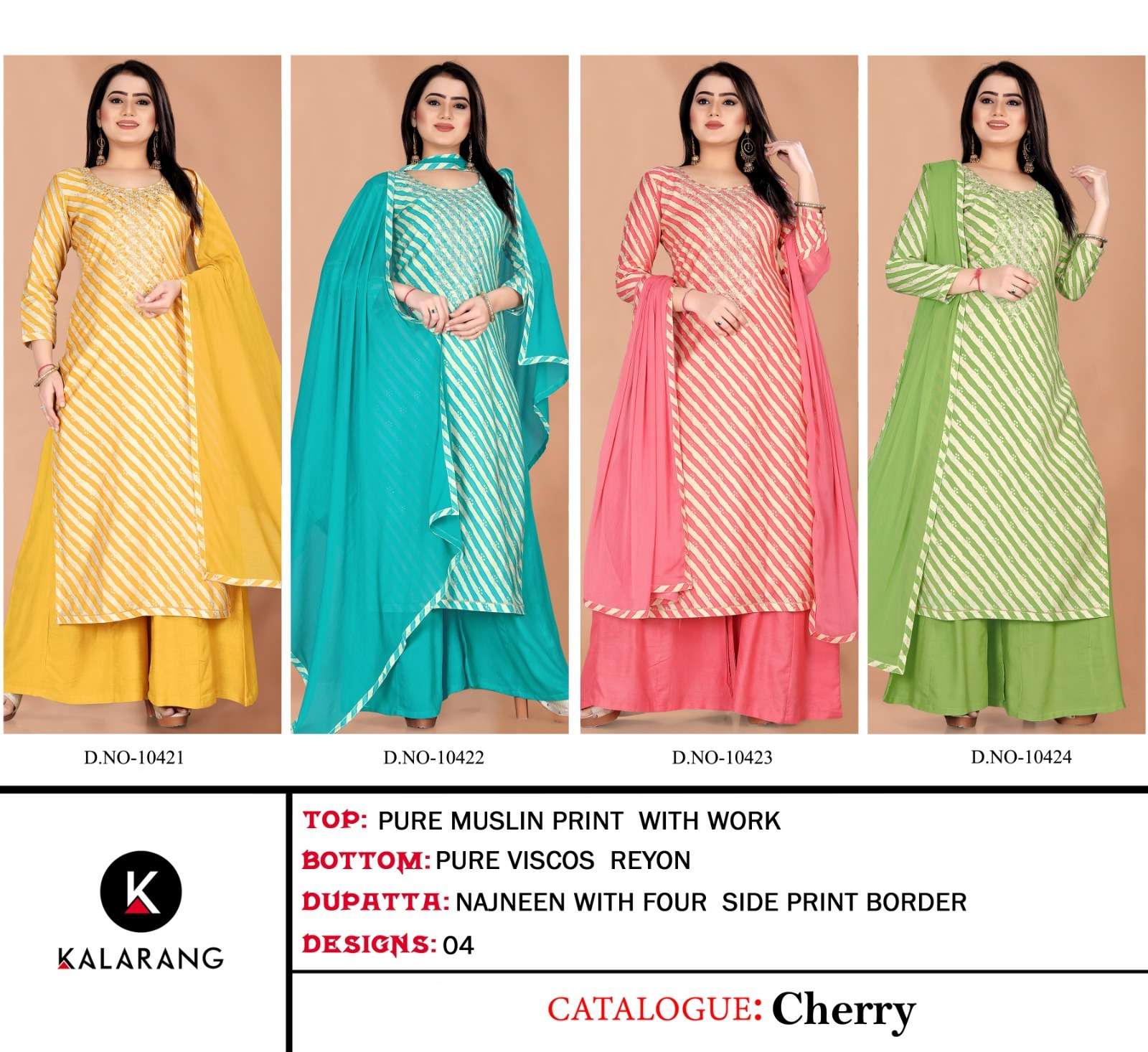 kalarang cherry 10421-10424 series unstich designer salwar kameez catalogue exporter surat 