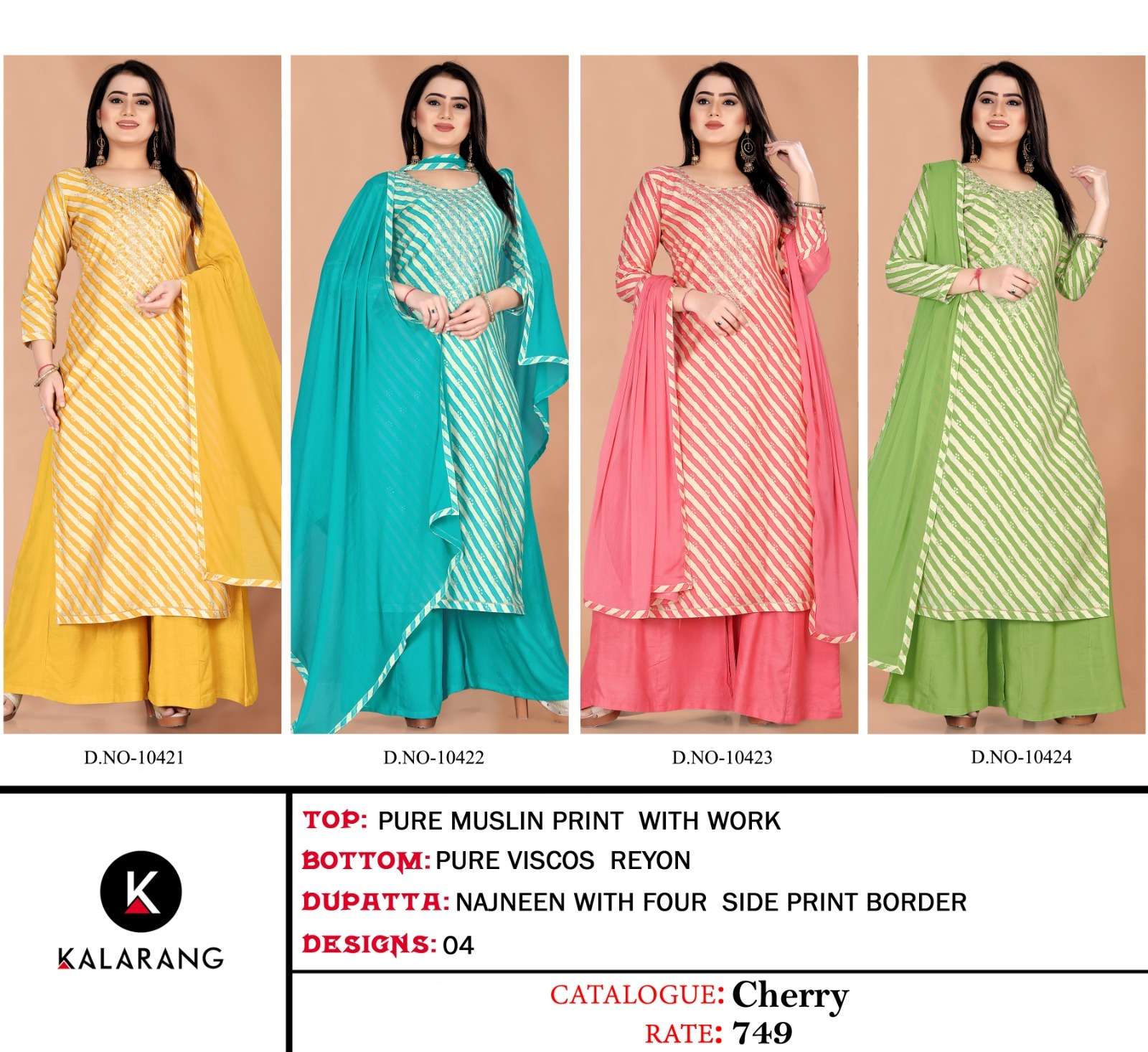 kalarang cherry 10421-10424 series unstich designer salwar kameez catalogue exporter surat 