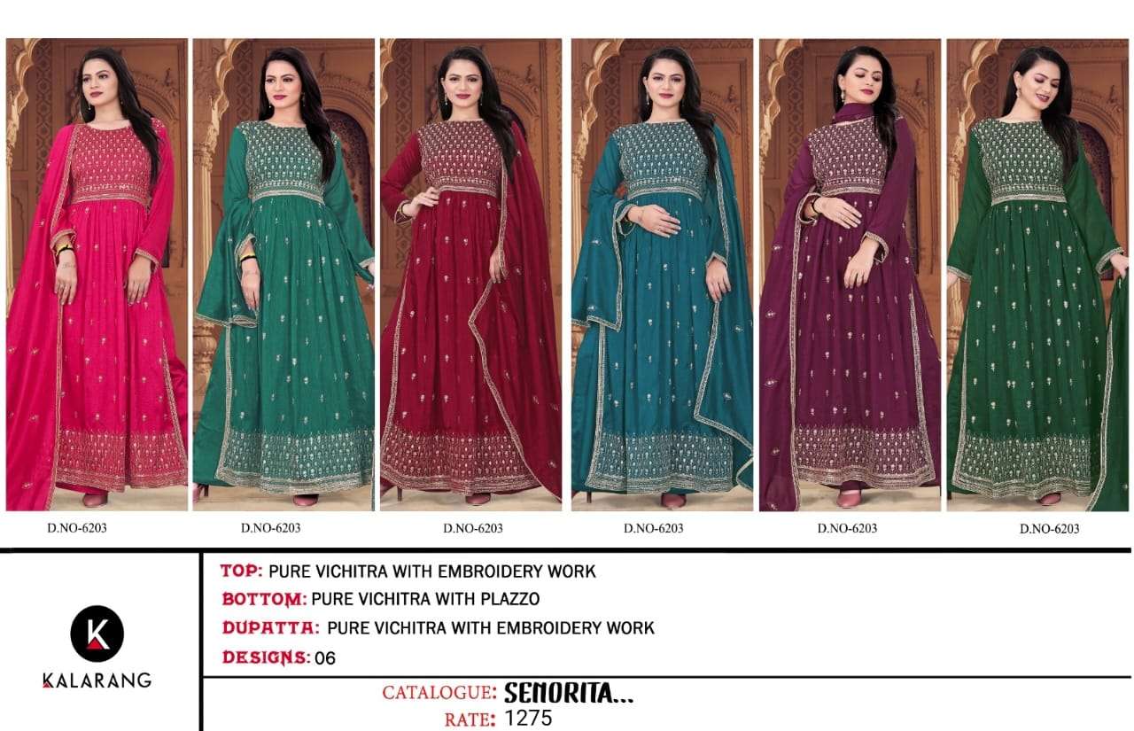 kalarang senorita 6203 series vichitra silk with embroidery work salwar kameez catalogue exporter surat 
