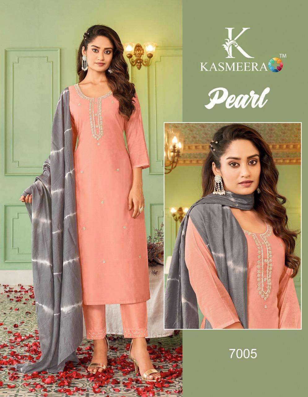 kasmeera pearl 7002-7007 series trendy designer top bottom with dupatta collection 2023 