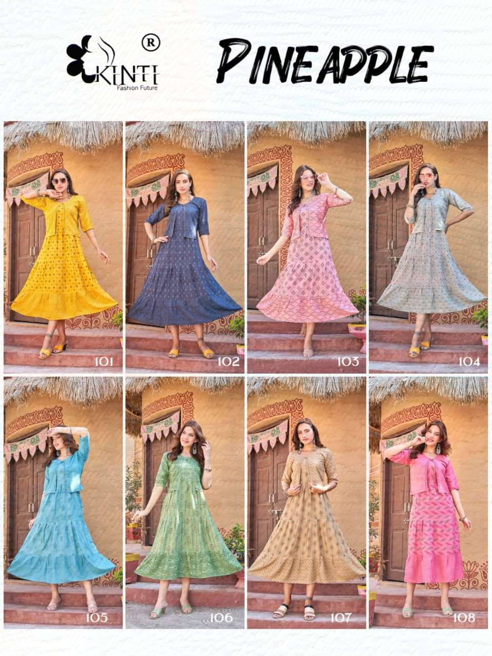 kinti fashion pineapple 101-108 series rayon designer jacket style kurtis new catalogue collection surat 