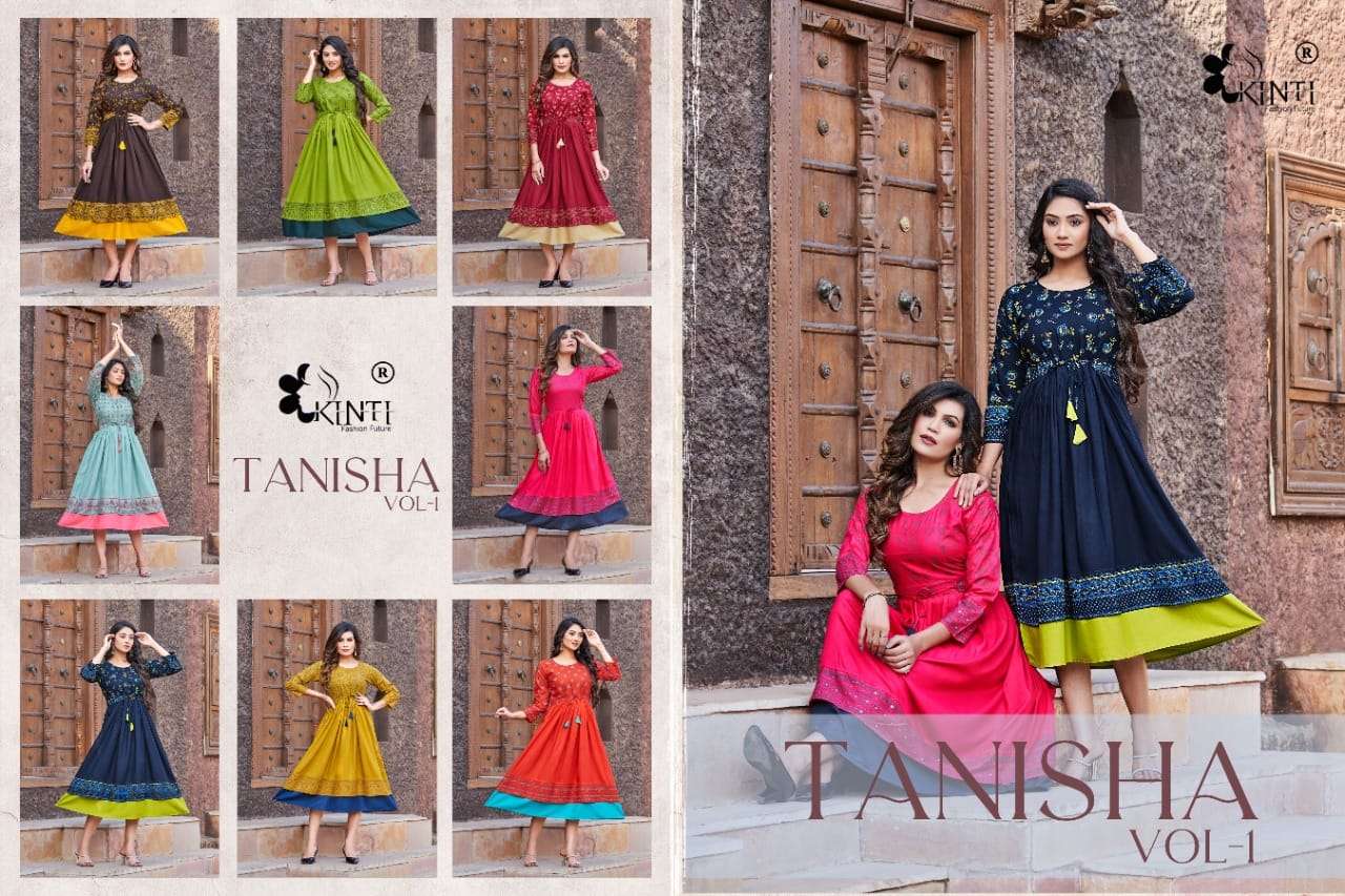kinti fashion tanisha vol-1 1001-1008 series rayon designer flare style designer kurtis catalogue wholesaler surat 