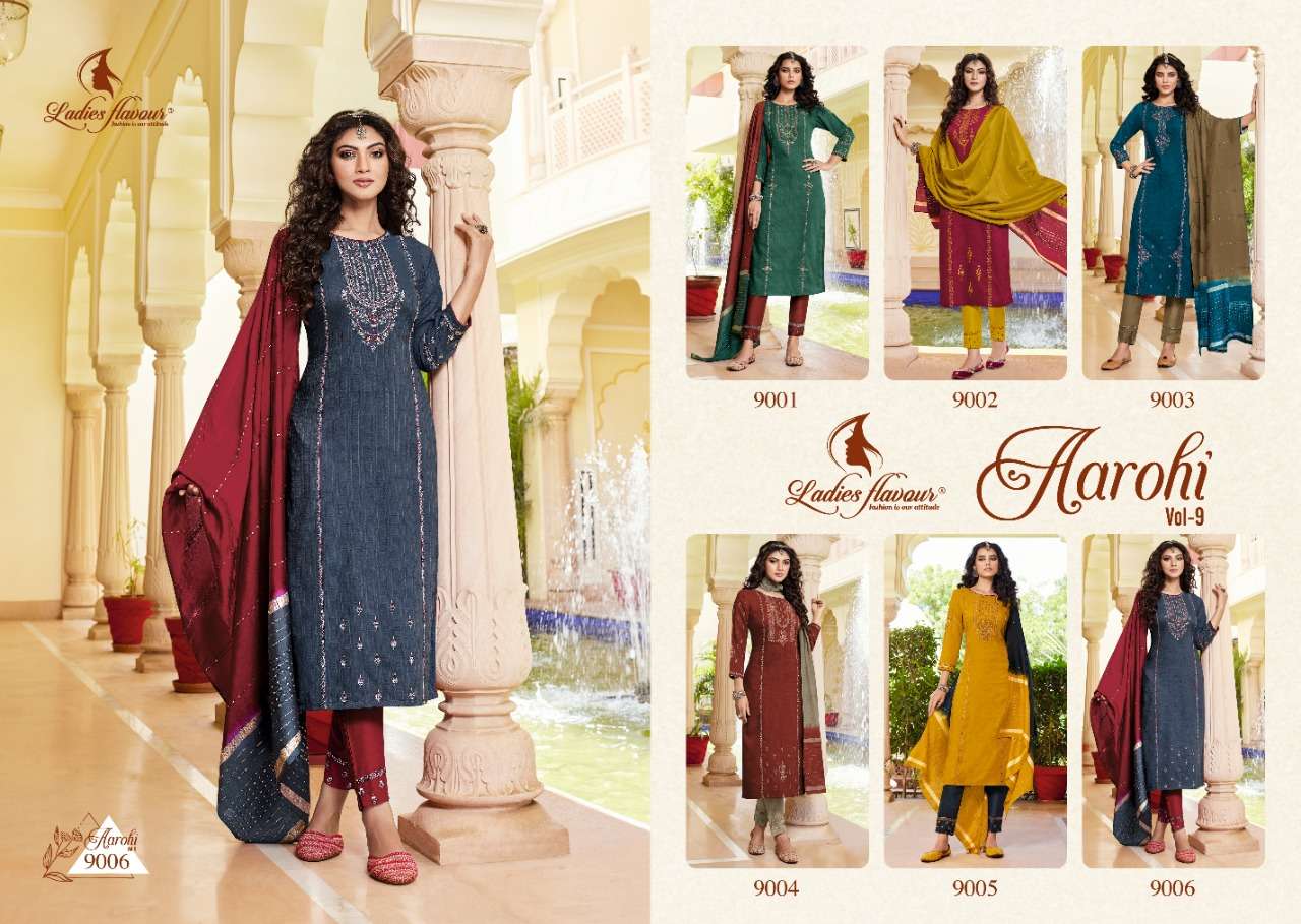 ladies flavour aarohi vol-9 9001-9006 series chinon with embroidered kurtis set new catalogue 