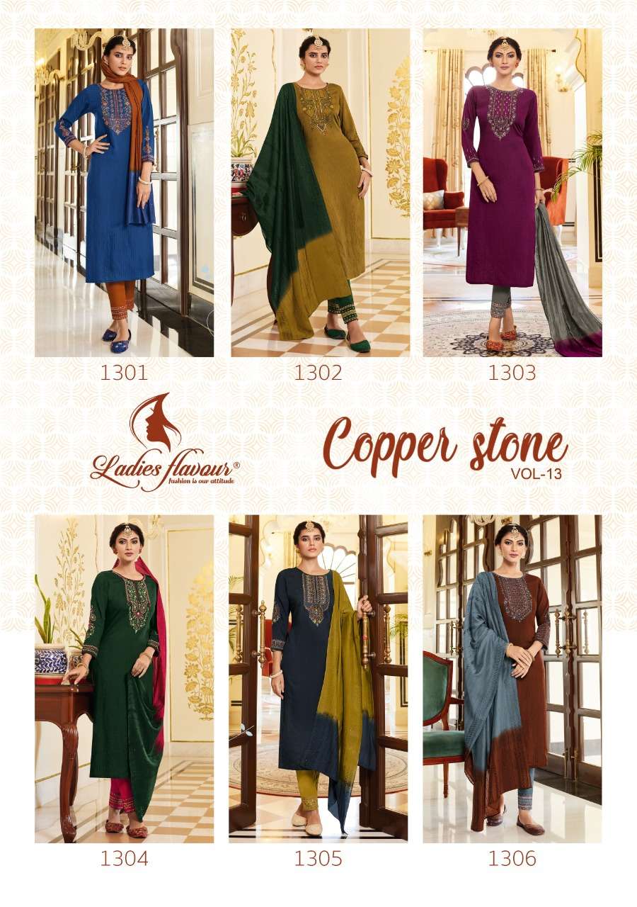 ladies flavour copper stone vol-13 1301-1306 series trendy designer top bottom with dupatta new catalogue surat 
