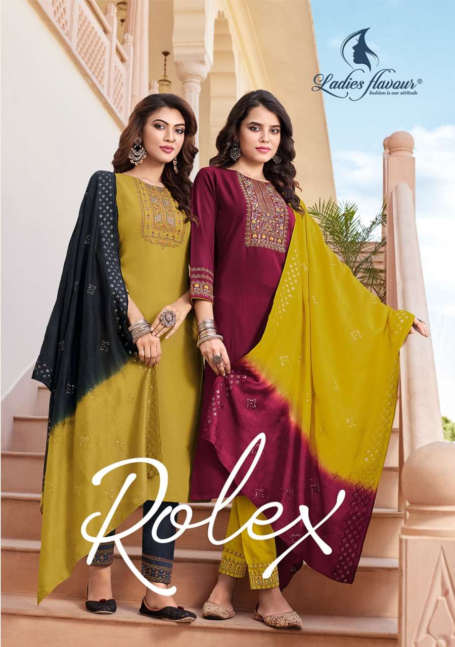 ladies flavour rolex 1001-1006 series fancy designer top bottom with dupatta set new catalogue 
