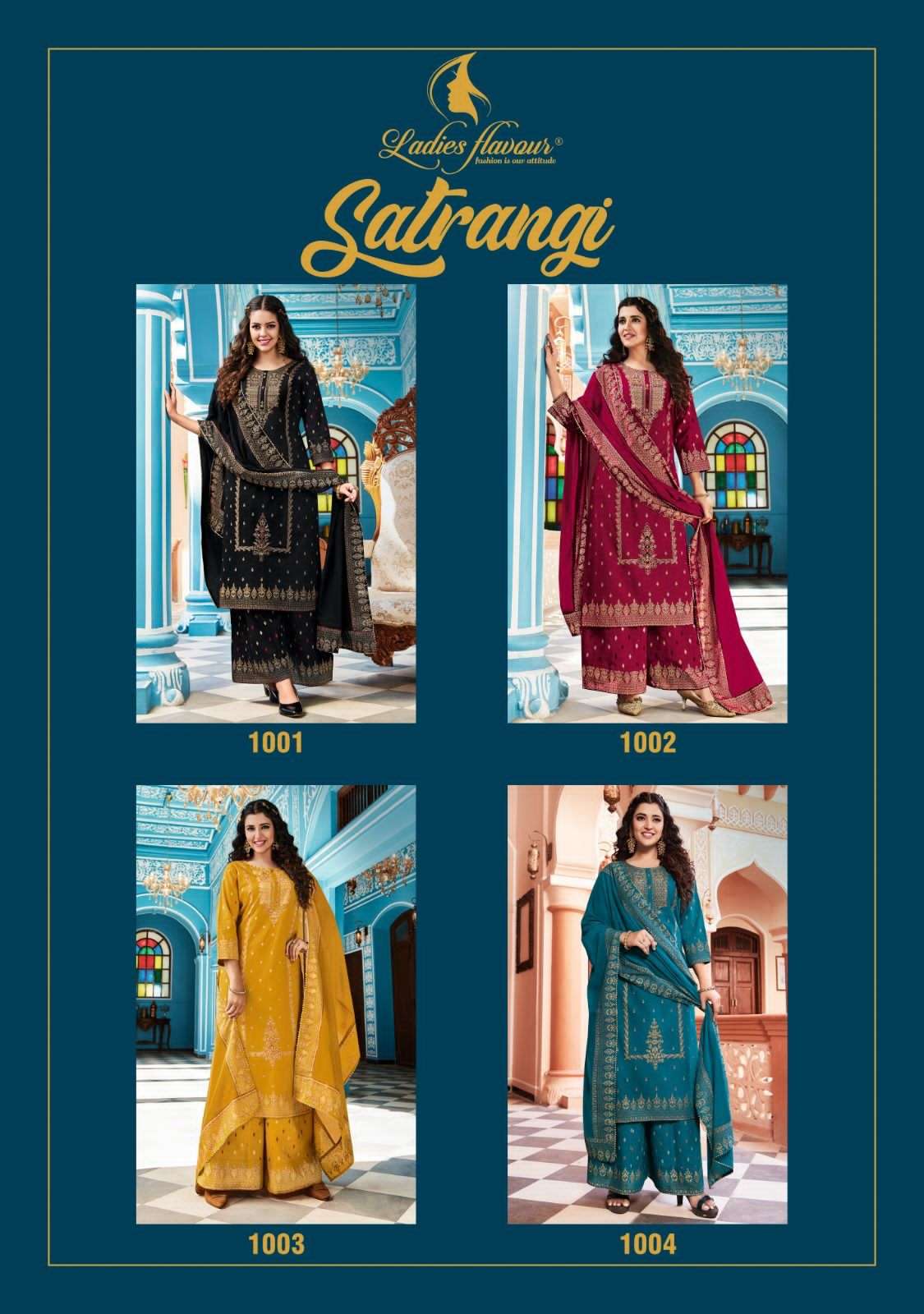 ladies flavour satrangi 1001-1004 series exclusive designer party wear top bottom with dupatta catalogue wholesaler surat 