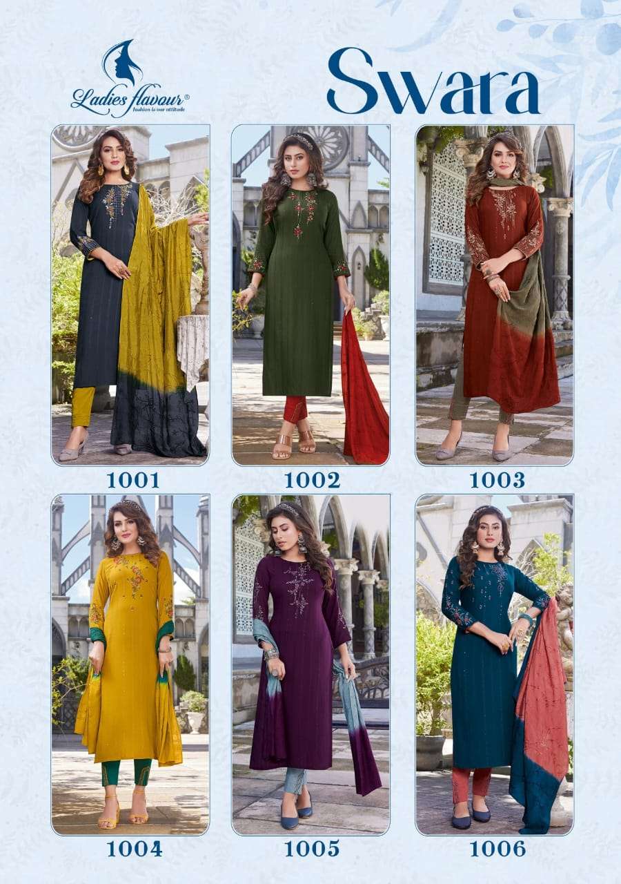 ladies flavour swara 1001-1006 series pure viscose designer kurtis catalogue online supplier surat 