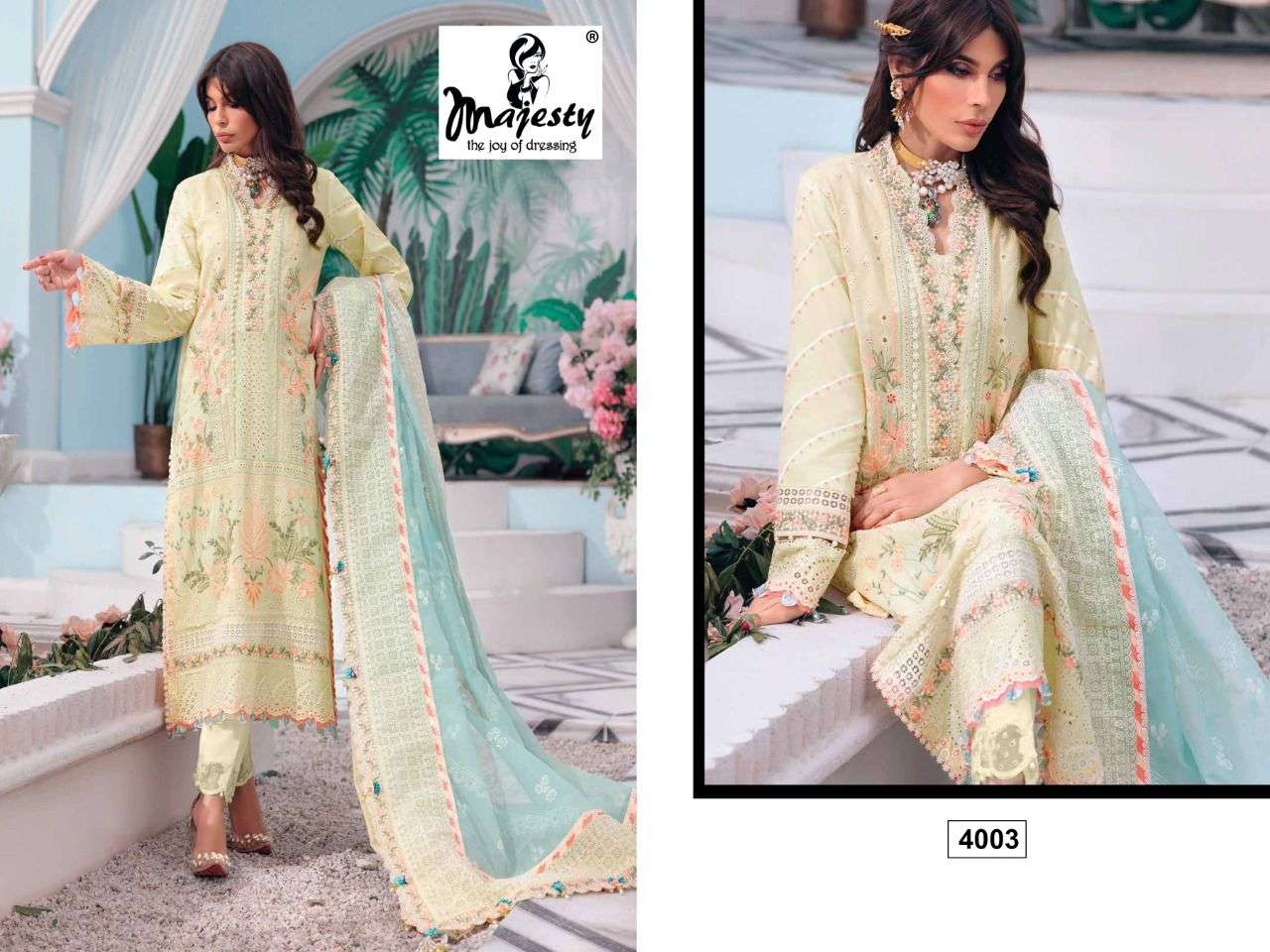 majesty cheveron lawn vol-2 4001-4005 series cotton designer pakistani salwar kameez catalogue wholesaler surat 