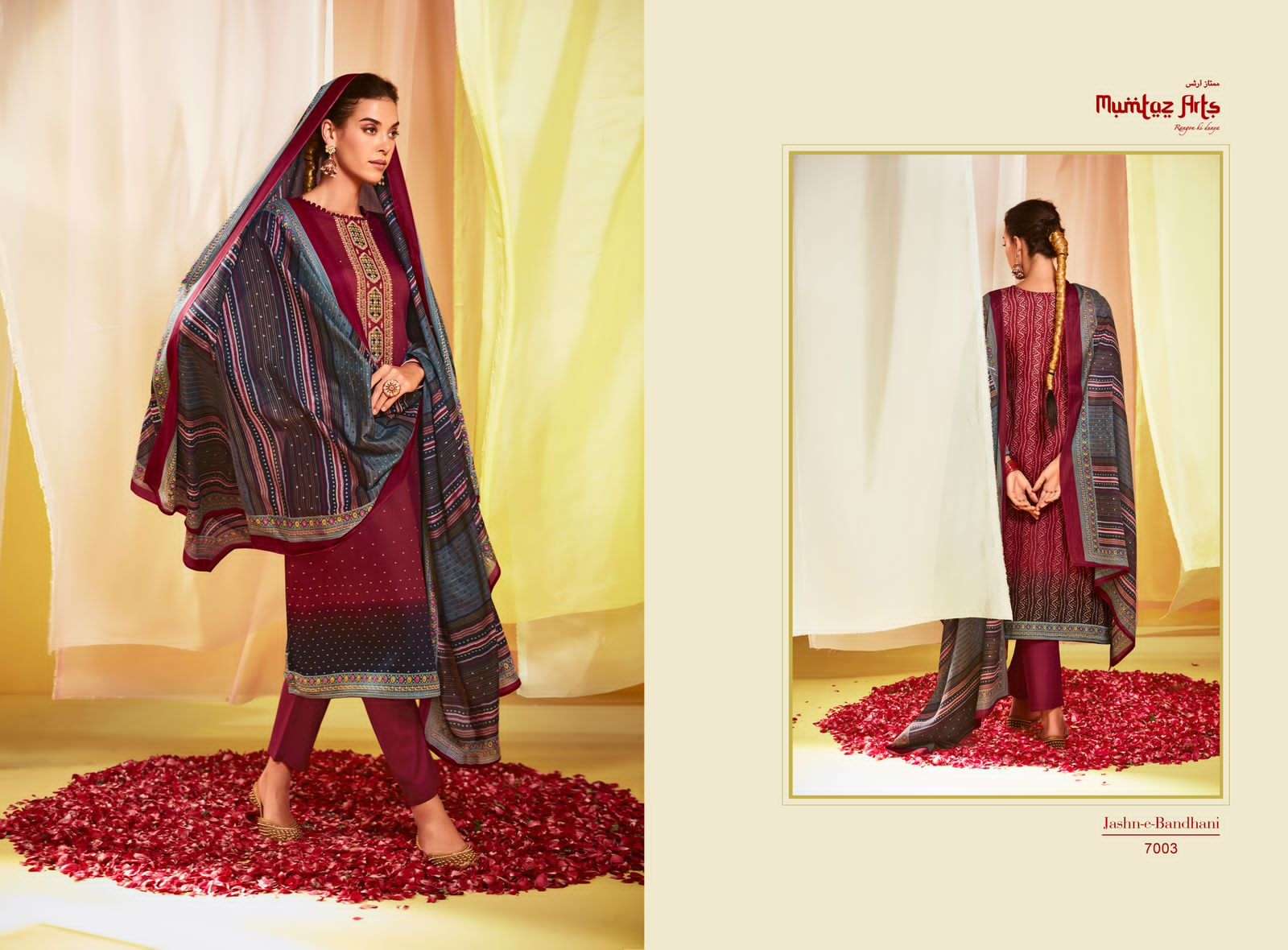 mumtaz arts jashn e bandhani vol-3 7001-7008 series fancy designer top bottom with dupatta latest catalogue surat