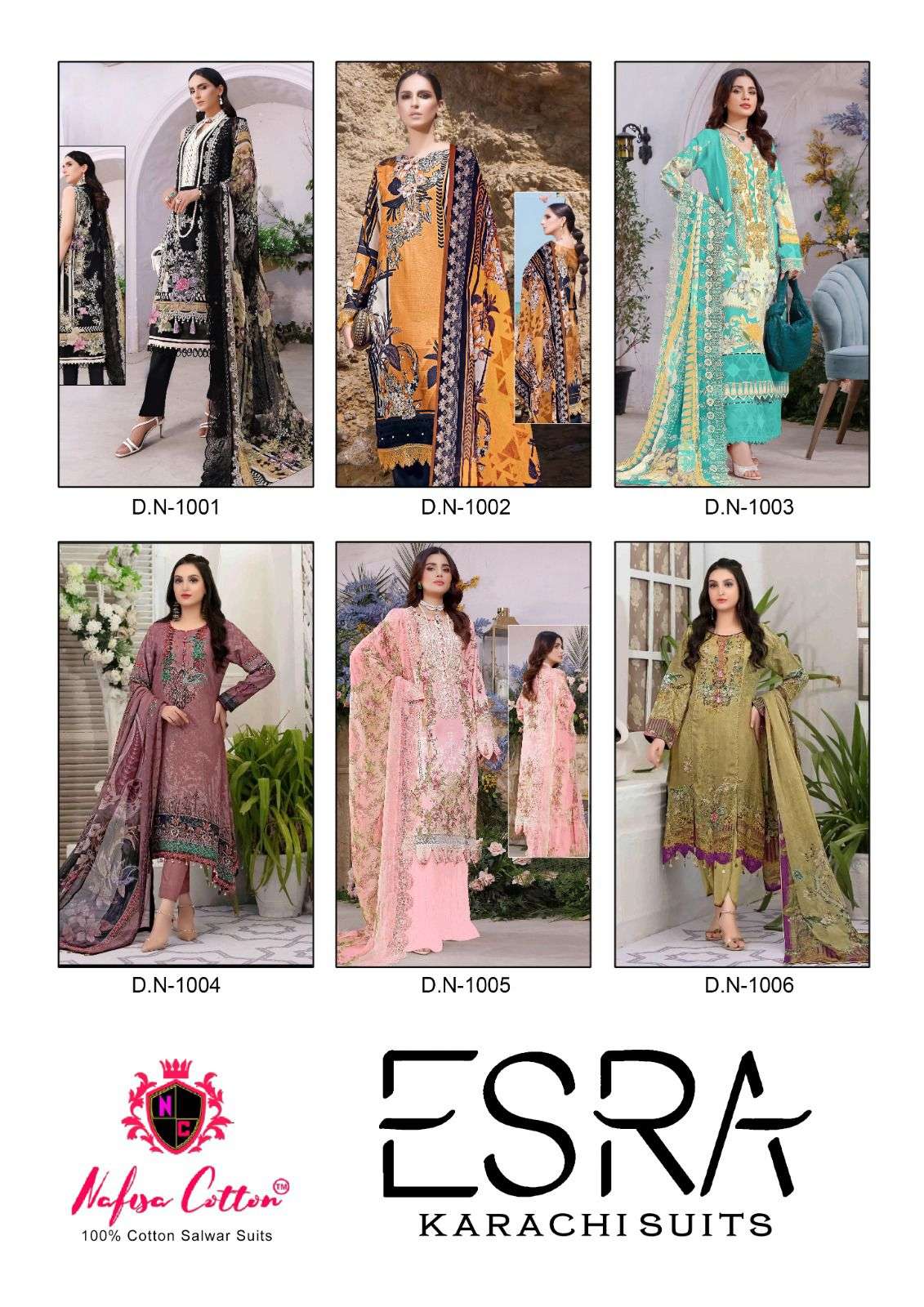 nafisa cotton esra 1001-1006 series karachi style designer salwar kameez catalogue exporter surat 