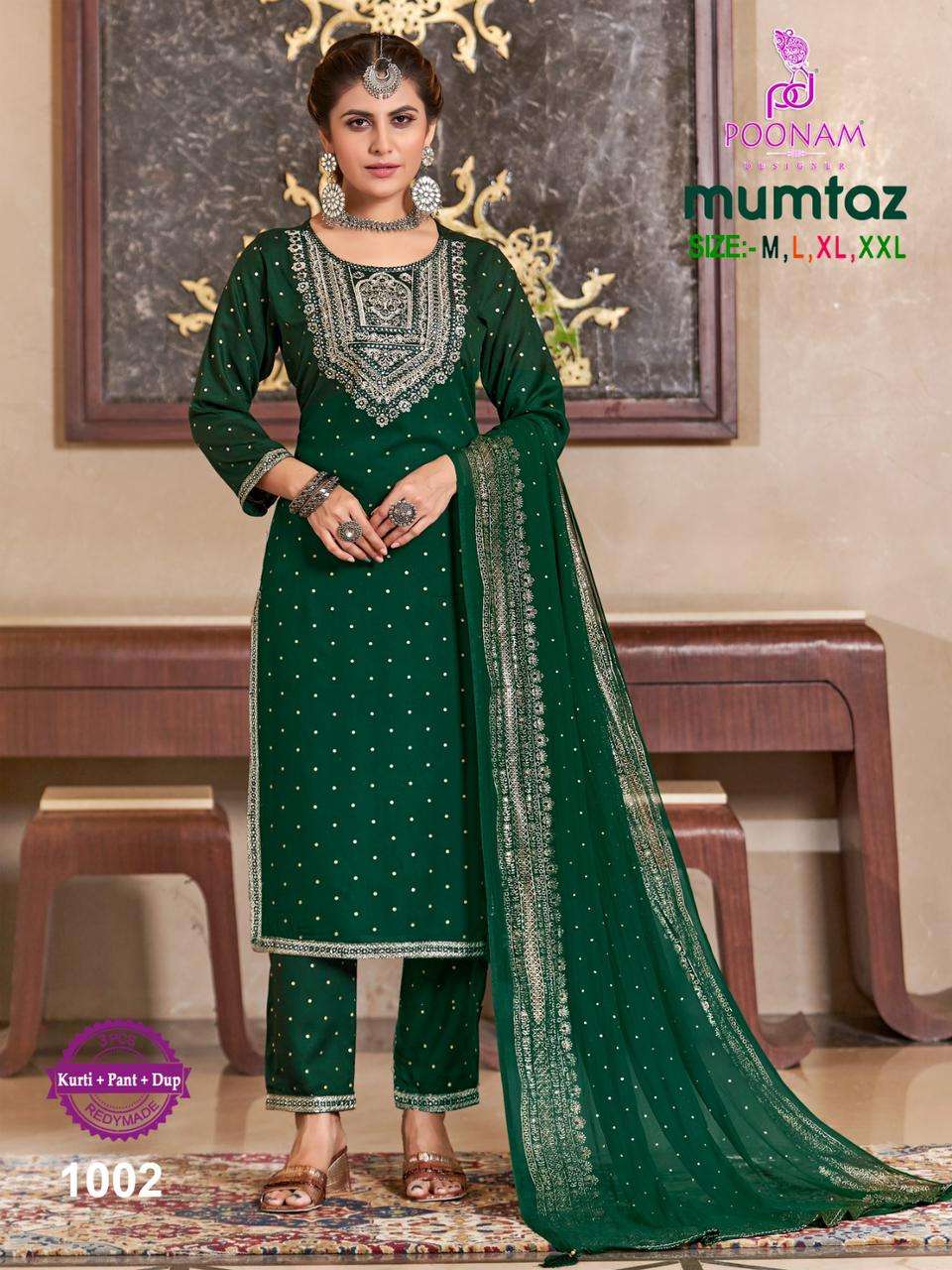 poonam designer mumtaz 1001-1006 series pure rayon designer kurti pant and dupatta latest catalogue surat 