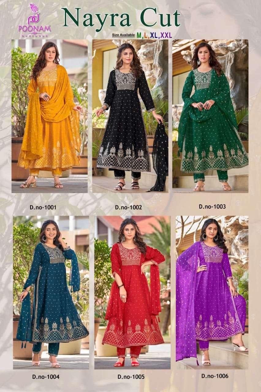 poonam designer nayra cut 1001-1006 series exclusive designer kurti pant with dupatta catalogue design 2023