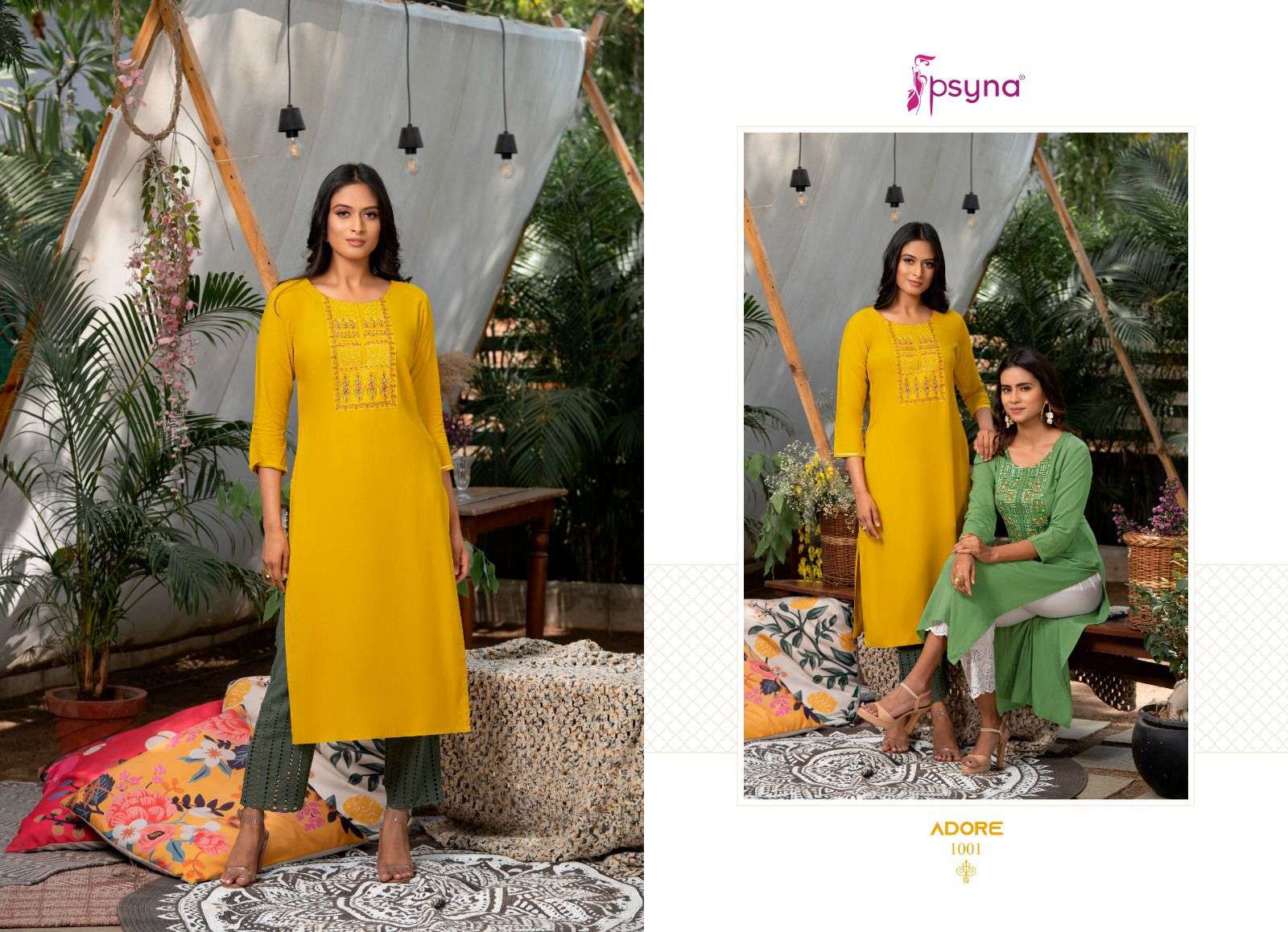 psyna adore 1001-1006 series rayon designer kurtis catalogue manufacturer surat 