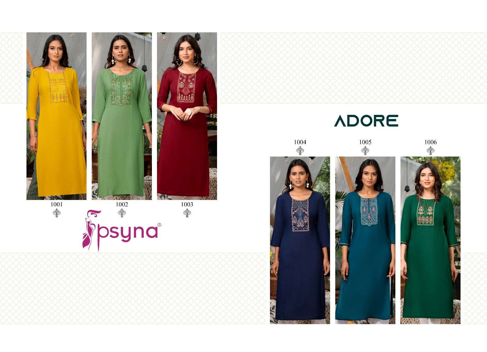psyna adore 1001-1006 series rayon designer kurtis catalogue manufacturer surat 