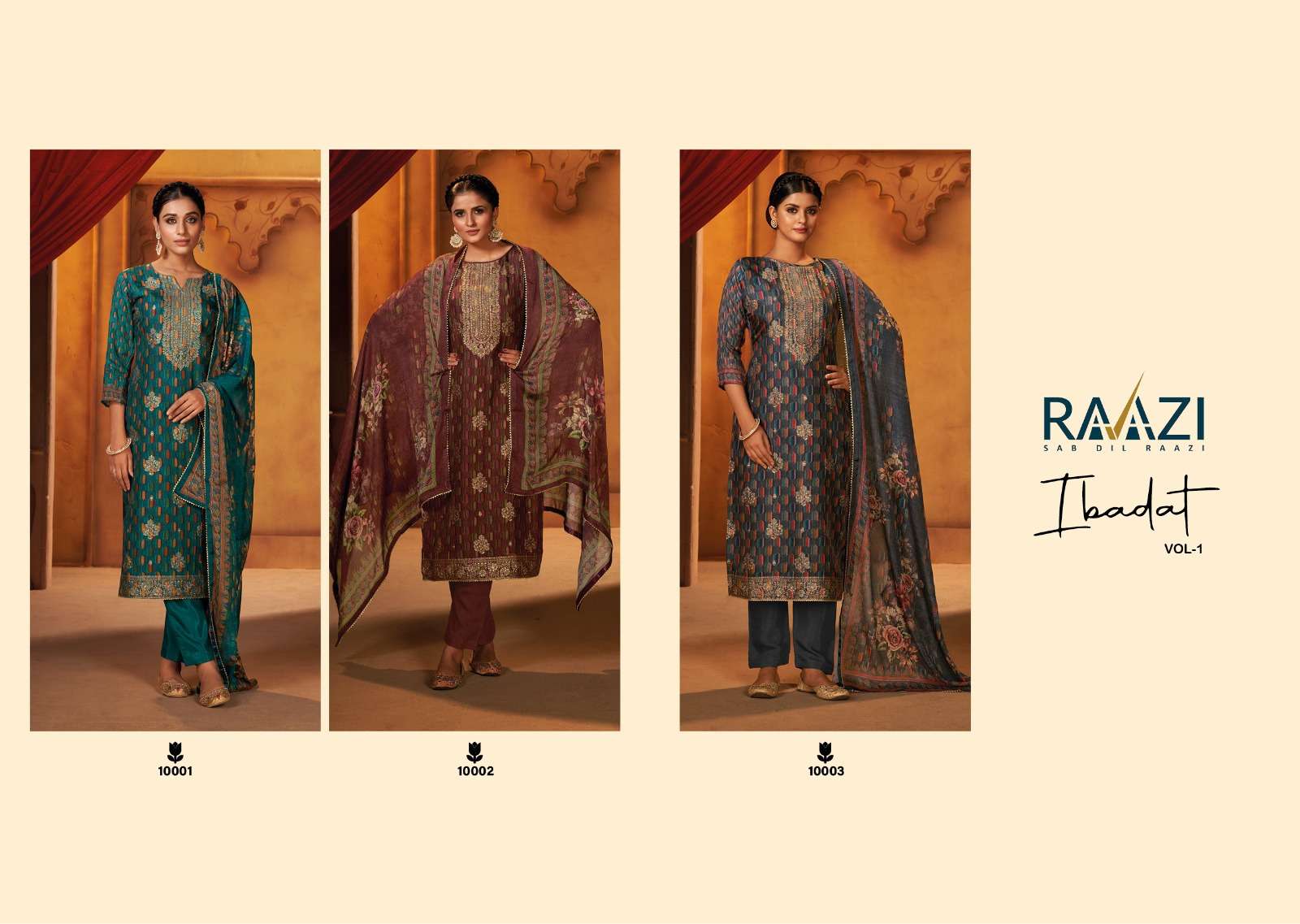 rama fashion ibadat vol-1 10001-10003 series stylish designer top bottom with dupatta latest collection surat 